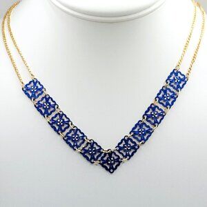 Charming Charlie Gold tone & Blue Enamel Necklace Signed 18"